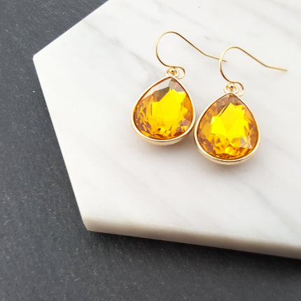 November Birthstone Earrings – Citrine Teardrop Crystal Earrings – 14k Gold Filled Dangle Earrings Gift for Her