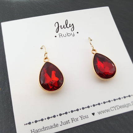 July Birthstone Earrings - Ruby Crystal Gold Filled Teardrop Earrings - Gift for Her