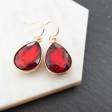 July Birthstone Earrings - Ruby Crystal Gold Filled Teardrop Earrings - Gift for Her
