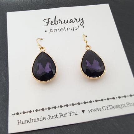 February Birthstone Amethyst Crystal Gold Earrings