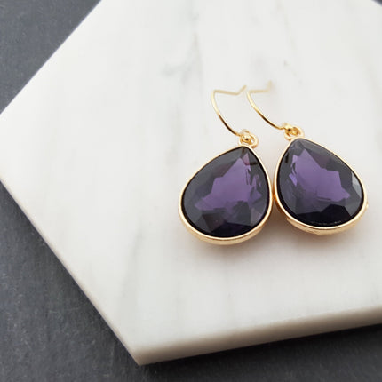 February Birthstone Amethyst Crystal Gold Earrings