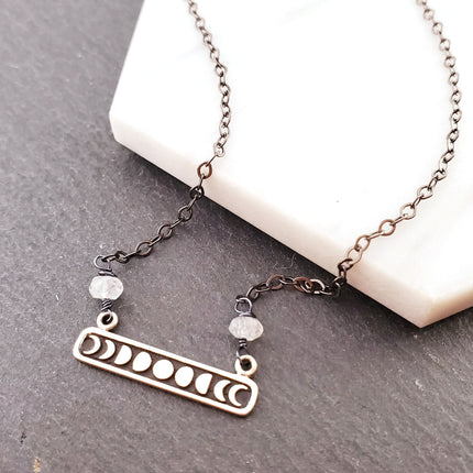 Celestial Moon Phase Charm - Oxidized Sterling Silver Necklace - Gift for Her
