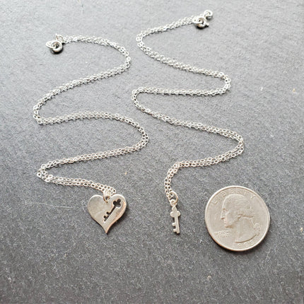Sterling Silver Mother-Daughter Necklace Set – Heart with Key Cutout & Matching Key on 18" + 16" Chains