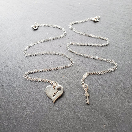 Sterling Silver Mother-Daughter Necklace Set – Heart with Key Cutout & Matching Key on 18" + 16" Chains