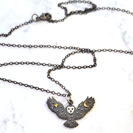 Oxidized Owl with Stars and Moon Sterling Silver Necklace
