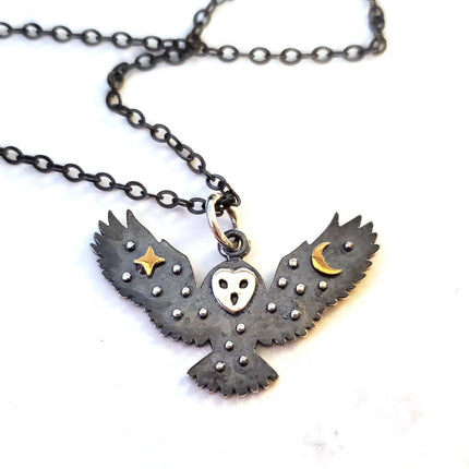 Oxidized Owl with Stars and Moon Sterling Silver Necklace
