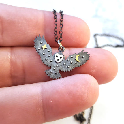 Oxidized Owl with Stars and Moon Sterling Silver Necklace