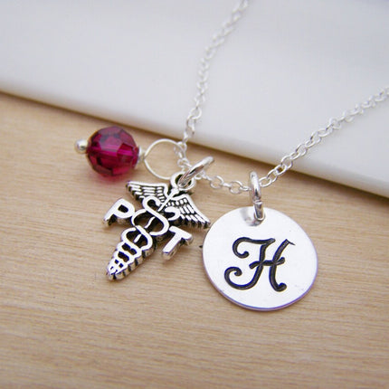 Physical Therapist Necklace – Sterling Silver with Birthstone & Initial Charm