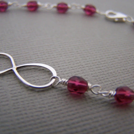 Fuchsia Czech Glass Sterling Silver Infinity Wire Wrapped Bracelet