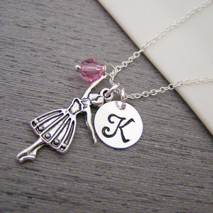 Personalized Ballerina Necklace – Sterling Silver Chain with Birthstone & Initial