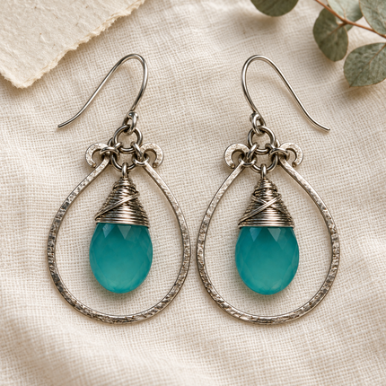 Blue Chalcedony & Hammered Sterling Silver Hoop Earrings