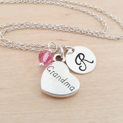 Grandma Necklace – Sterling Silver with Birthstone & Initial Charm