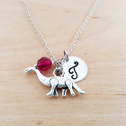 Personalized Brontosaurus Necklace – Sterling Silver Chain with Birthstone & Initial