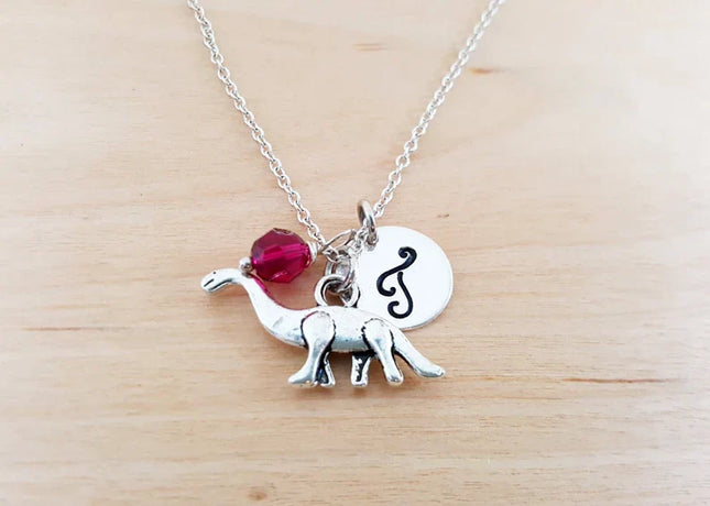 Personalized Brontosaurus Necklace – Sterling Silver Chain with Birthstone & Initial