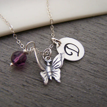 Personalized Butterfly Necklace – Solid Sterling Silver Charm with Birthstone & Initial