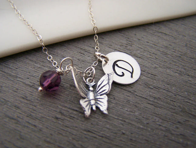 Personalized Butterfly Necklace – Solid Sterling Silver Charm with Birthstone & Initial