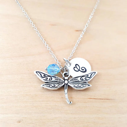 Personalized Dragonfly Necklace – Sterling Silver Chain with Birthstone & Initial