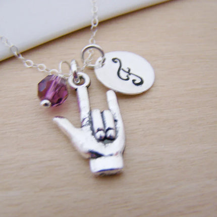 Personalized Sign Language “I Love You” Necklace – Sterling Silver Chain with Birthstone & Initial