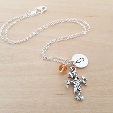 Personalized Scarecrow Necklace – Sterling Silver Chain with Birthstone & Initial