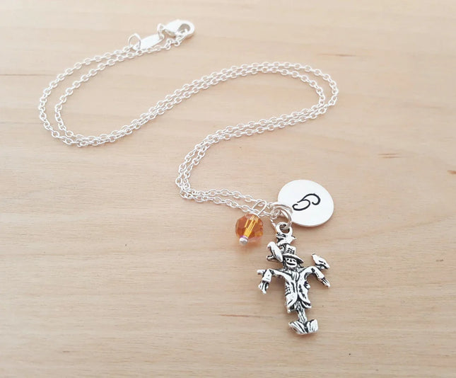 Personalized Scarecrow Necklace – Sterling Silver Chain with Birthstone & Initial