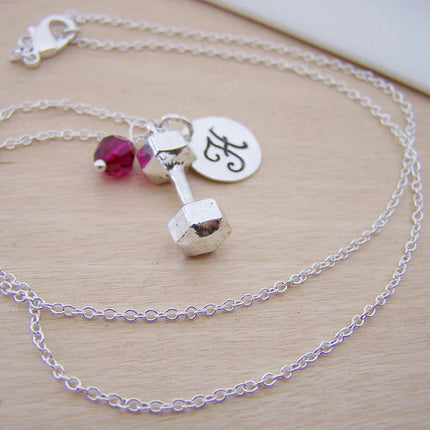 Personalized Dumbbell Necklace – Weightlifting Charm with Sterling Silver Chain & Birthstone