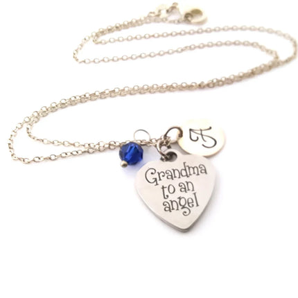 Grandma to an Angel Necklace – Sterling Silver with Birthstone & Initial Charm