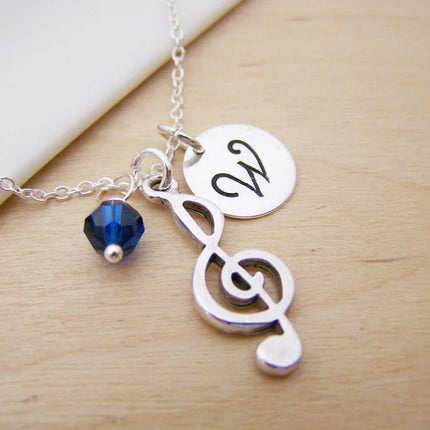 Personalized Treble Clef Necklace – Sterling Silver Chain with Birthstone & Initial