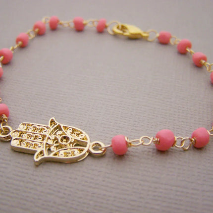 Hamsa Bracelet - Pink Bracelet - Wire Wrapped Bracelet