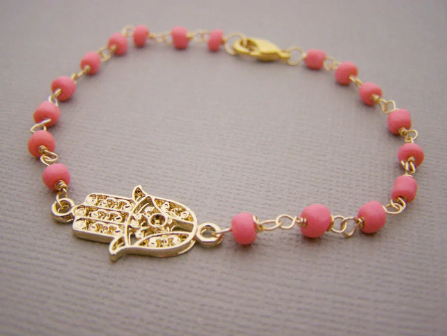 Hamsa Bracelet - Pink Bracelet - Wire Wrapped Bracelet