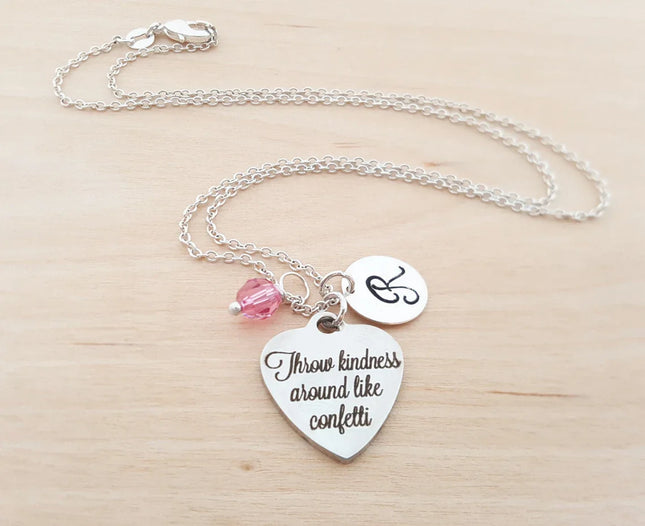 “Throw Kindness Around Like Confetti” Necklace – Stainless Steel Charm on Sterling Silver Chain with Birthstone & Initial