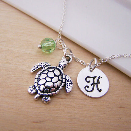 Sea Turtle Necklace – Sterling Silver with Birthstone & Initial Charm