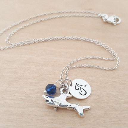 Shark Necklace – Sterling Silver with Birthstone & Initial Charm