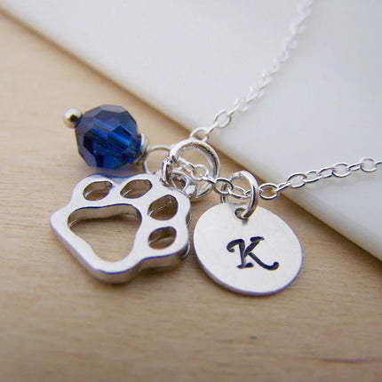 Paw Print Necklace – Sterling Silver with Birthstone & Initial Charm