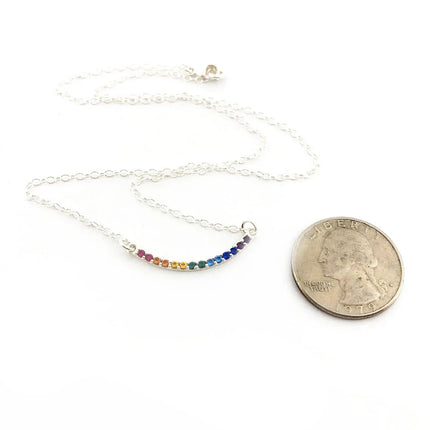 Rainbow Nano Gem Curved Bar Necklace – Sterling Silver Pride Jewelry, 18"