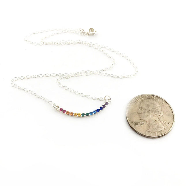 Rainbow Nano Gem Curved Bar Necklace – Sterling Silver Pride Jewelry, 18"