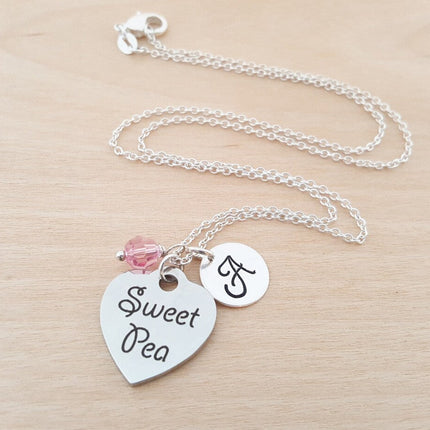 Sweet Pea Necklace – Sterling Silver with Birthstone & Initial Charm