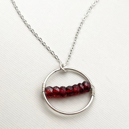 Garnet Bar Circle Necklace – Sterling Silver