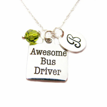 Personalized Bus Driver Necklace – Sterling Silver Chain with Birthstone & Initial