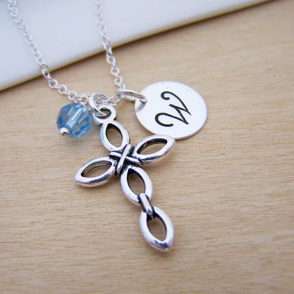 Personalized Cross Necklace – Sterling Silver Chain with Birthstone & Initial