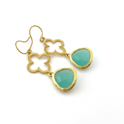 Aquamarine Glass Gold Clover Earrings