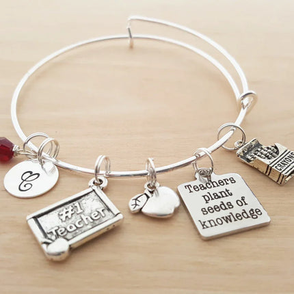 #1 Teacher Bracelet – Adjustable Bangle with Birthstone & Initial