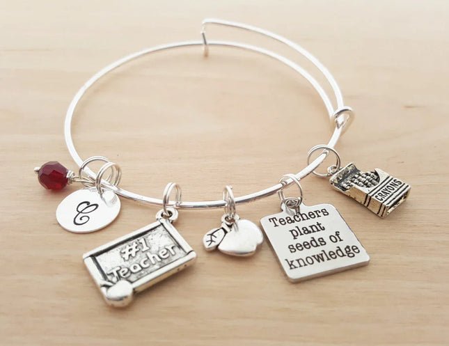 #1 Teacher Bracelet – Adjustable Bangle with Birthstone & Initial