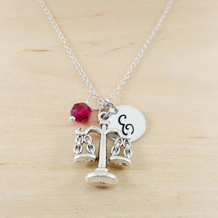 Justice Scales Necklace – Sterling Silver Chain with Personalized Birthstone & Initial