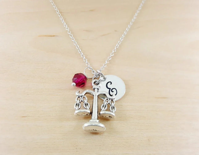 Justice Scales Necklace – Sterling Silver Chain with Personalized Birthstone & Initial