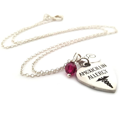 Amoxicillin Allergy Medical Necklace – Hand Stamped Initial, Birthstone or Pearl, Sterling Chain