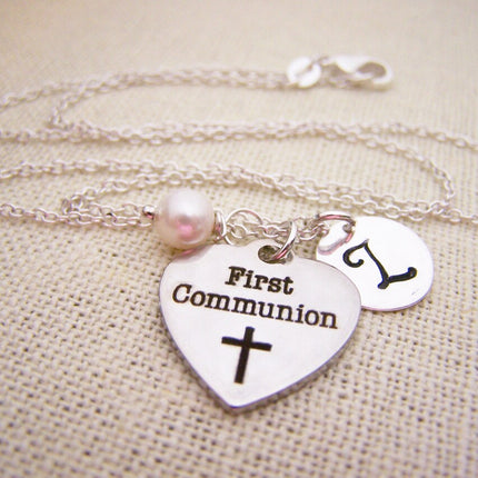 First Communion Necklace – Sterling Silver with Pearl, Initial & Stainless Steel Heart Charm