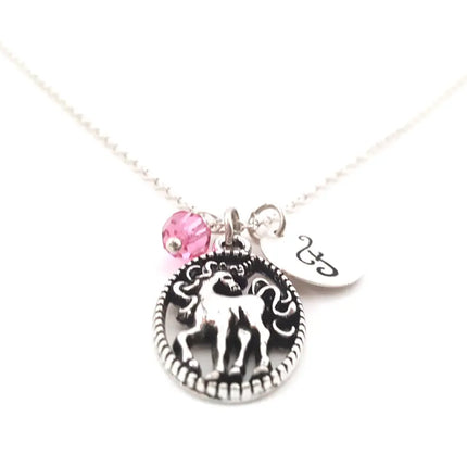 Unicorn Necklace – Sterling Silver with Birthstone & Initial Charm