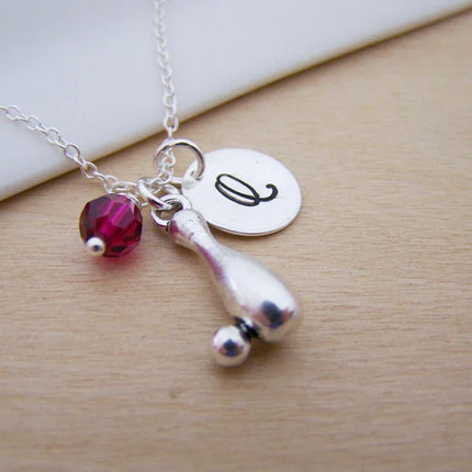Personalized Bowling Necklace – Sterling Silver Chain with Birthstone & Initial