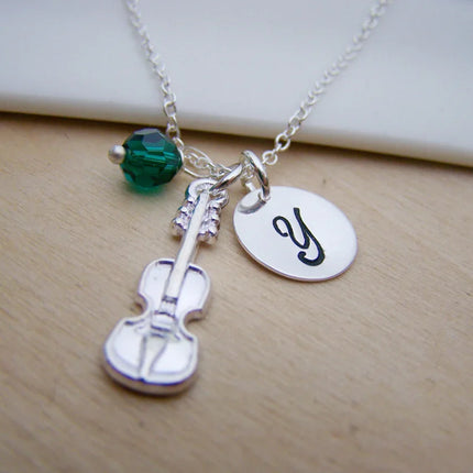 Personalized Violin Necklace – Sterling Silver with Birthstone & Initial Charm