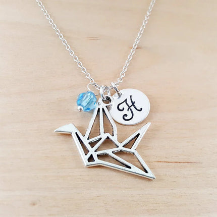 Personalized Paper Crane Necklace – Sterling Silver Chain with Birthstone & Initial